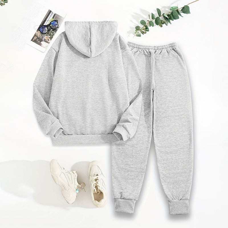 Women's Solid 2-Piece Set Letter Print Hoodie With Pocket