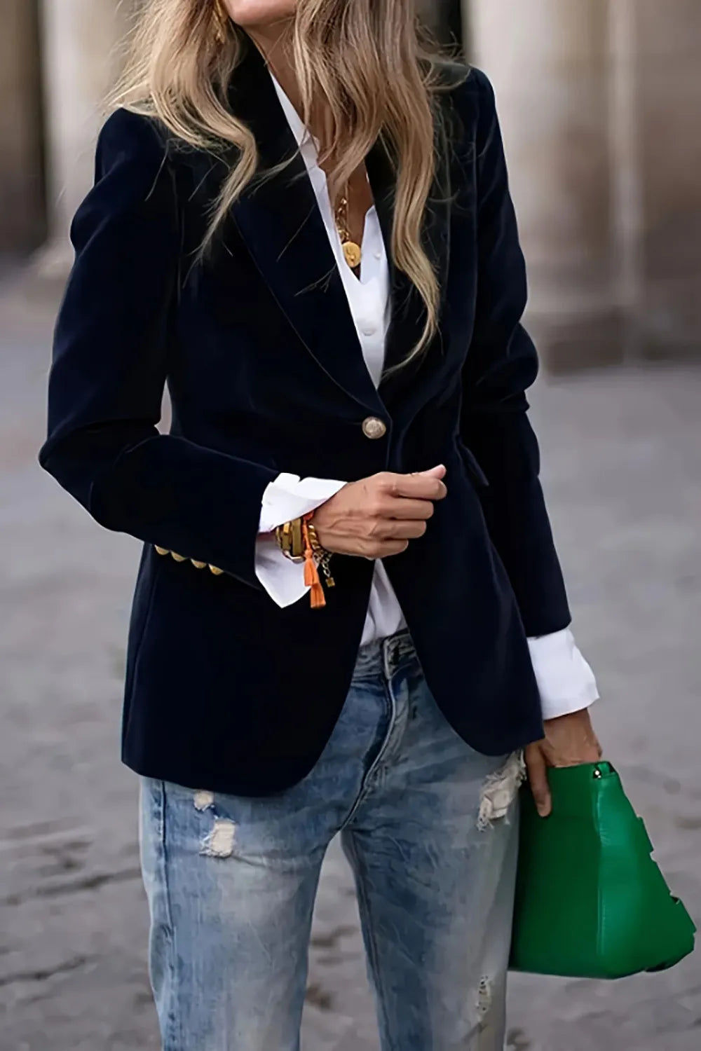 One-Button Lapel Collar Long Sleeve Blazer for Women